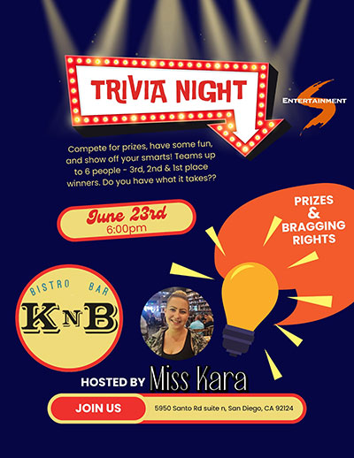 Trivia night promo for Keg N Bottle Tierrasanta